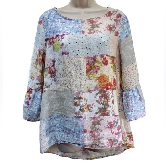 John Mark patch floral 3/4 flared sleeve high low top - Picture 1 of 7